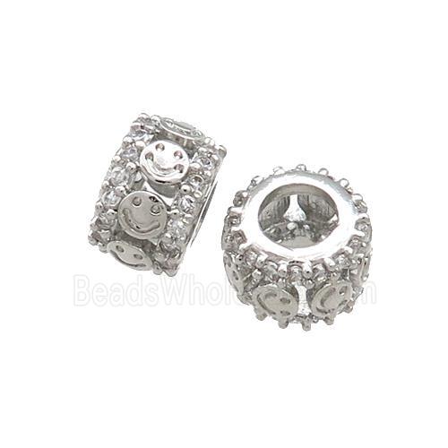 Copper Rondelle Beads Pave Zircon Emoji Large Hole Platinum Plated