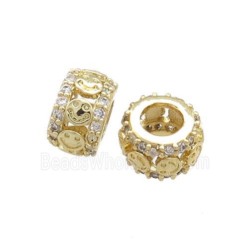 Copper Rondelle Beads Pave Zircon Emoji Large Hole Gold Plated