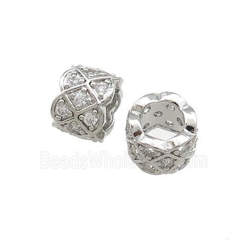 Copper Tube Beads Pave Zircon Large Hole Platinum Plated