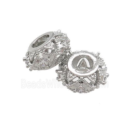 Copper Rondelle Beads Pave Zircon Large Hole Platinum Plated