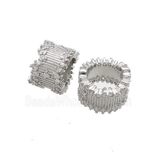 Copper Tube Beads Pave Zircon Large Hole Platinum Plated