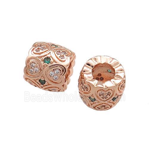 Copper Tube Beads Pave Zircon Heart Large Hole Rose Gold