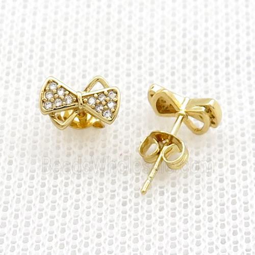 Copper Stud Earrings Pave Zircon Bowknot Gold Plated