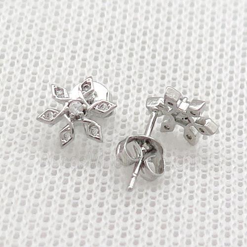 Copper Stud Earrings Pave Zircon Flower Platinum Plated