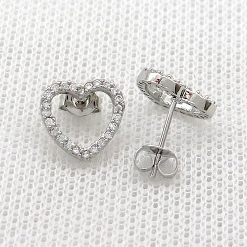 Copper Stud Earrings Pave Zircon Heart Platinum Plated