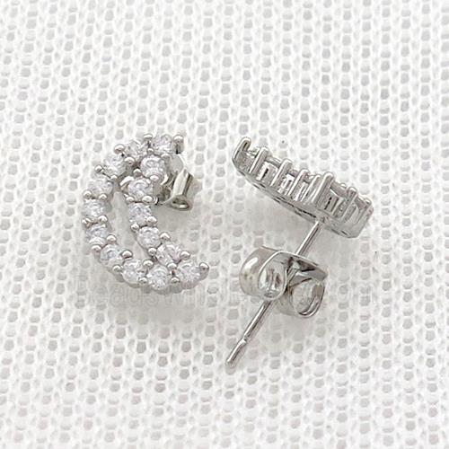 Copper Stud Earrings Pave Zircon Moon Platinum Plated
