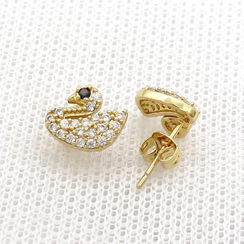 Copper Stud Earrings Pave Zircon Swan Gold Plated