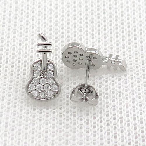 Copper Stud Earrings Pave Zircon Guitar Platinum Plated