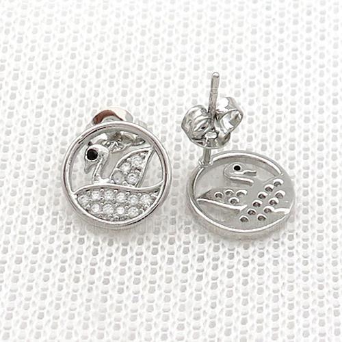 Copper Stud Earrings Pave Zircon Swan Platinum Plated