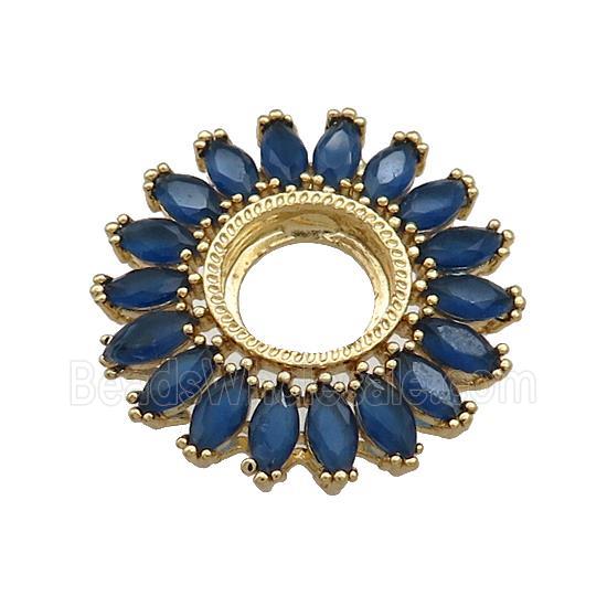 Copper Flower Pendant Pave Blue Crystal Glass Zircon With Pad Circle Gold Plated