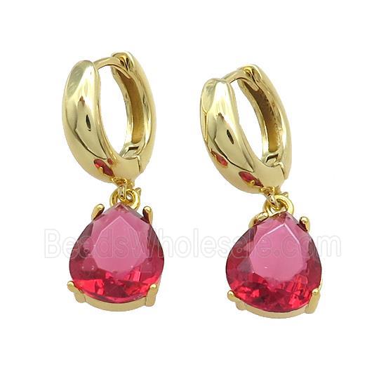 Copper Hoop Earrings Pave Red Crystal Glass Teardrop Gold Plated