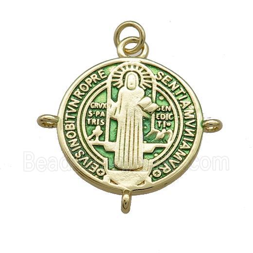 Copper Jesus Pendant Religious Medal Charms Green Painted Circle Gold Plated