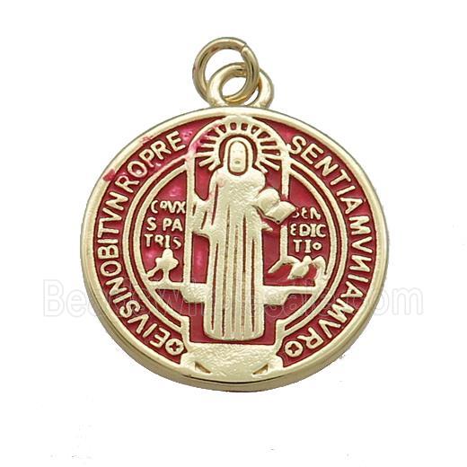 Copper Jesus Pendant Religious Medal Charms Red Painted Circle Gold Plated