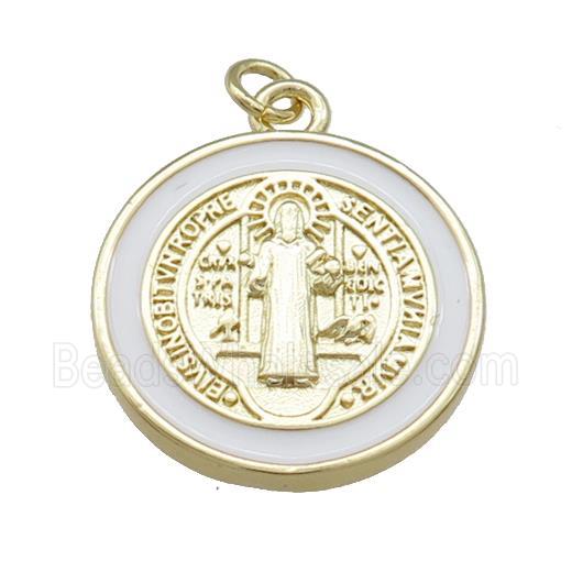 Copper Jesus Pendant Religious Medal Charms White Enamel Circle Gold Plated