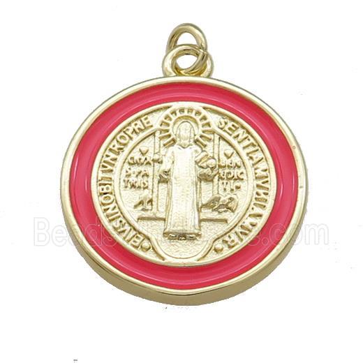 Copper Jesus Pendant Religious Medal Charms Red Enamel Circle Gold Plated