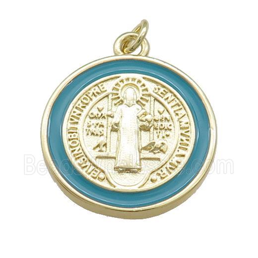 Copper Jesus Pendant Religious Medal Charms Green Enamel Circle Gold Plated