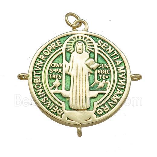 Copper Jesus Pendant Religious Medal Charms Green Painted Circle Gold Plated