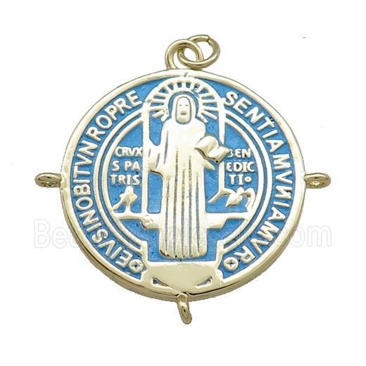 Copper Jesus Pendant Religious Medal Charms Blue Painted Circle Gold Plated