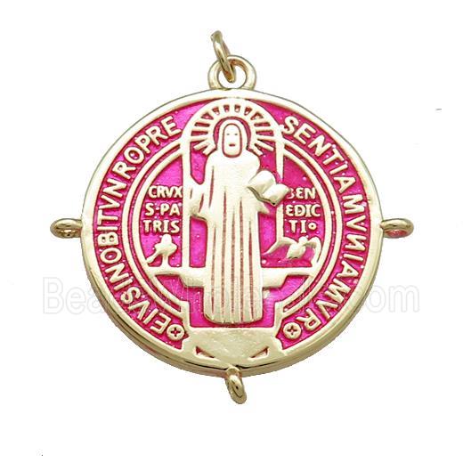 Copper Jesus Pendant Religious Medal Charms Pink Painted Circle Gold Plated
