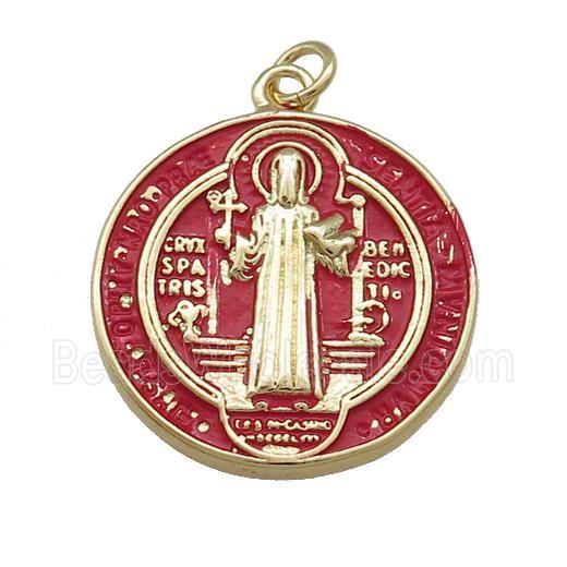 Copper Jesus Pendant Religious Medal Charms Red Painted Circle Gold Plated