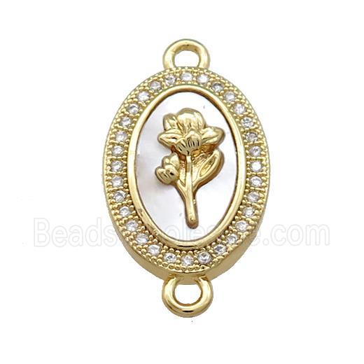 Copper Flower Connector Pave Shell Zircon Oval 18K Gold Plated