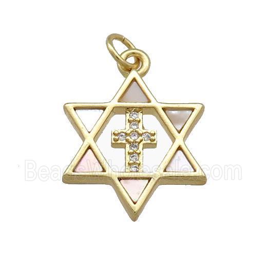 David Star Copper Pendant Pave Shell Zircon Cross 18K Gold Plated