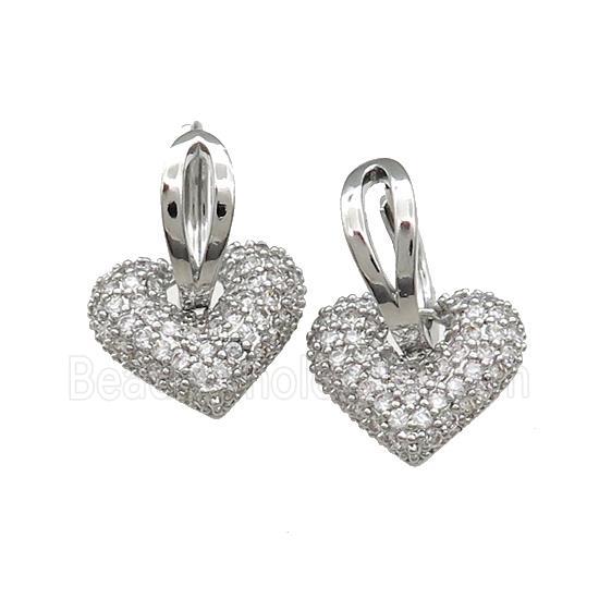 Copper Hoop Earrings Heart Pave Zircon Platinum Plated