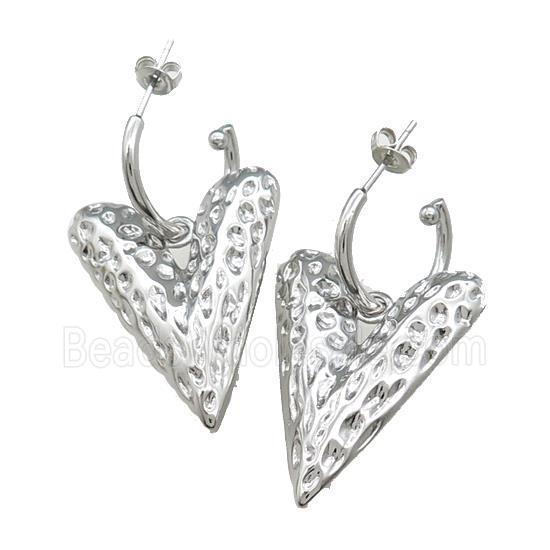 Copper Stud Earrings Heart Hammered Platinum Plated
