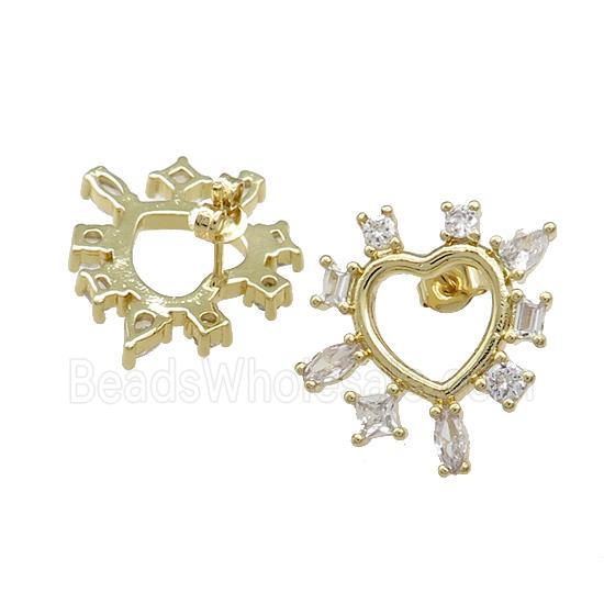Copper Heart Stud Earrings Pave Zircon Gold Plated
