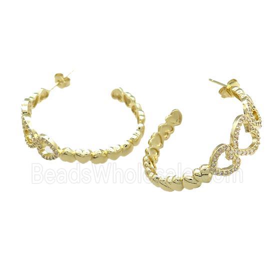 Copper Stud Earrings Heart Pave Zircon Gold Plated