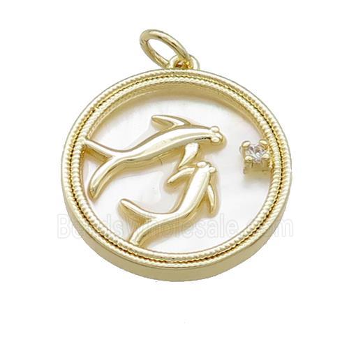 Dolphins Charms Copper Circle Pendant Pave Shell Gold Plated