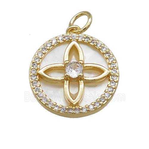 Flower Charms Copper Circle Pendant Pave Shell Zircon Gold Plated