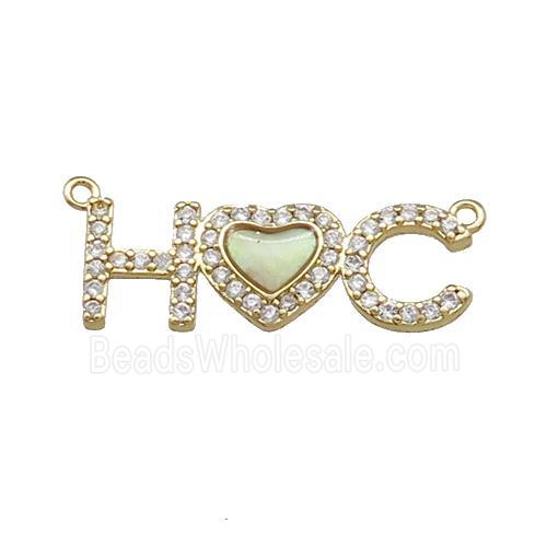Copper Heart Pendant Pave Shell Zircon Letter 2loops Gold Plated