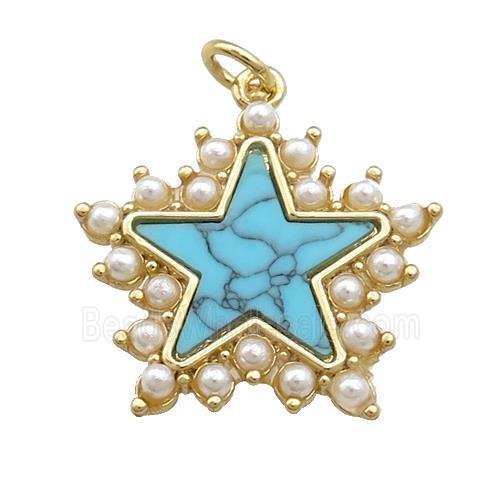 Copper Star Pendant Pave Synthetic Turquoise Pearlized Resin Gold Plated