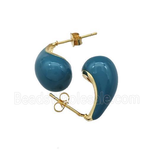 Copper Teardrop Stud Earrings Teal Enamel Gold Plated