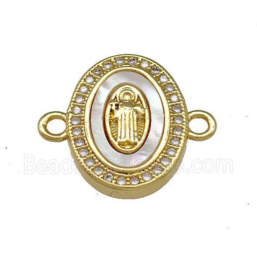 Jesus Charms Copper Oval Connector Micro Pave Shell Zirconia 18K Gold Plated