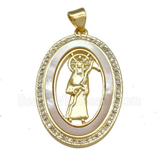 Jesus Charms Copper Oval Pendant Pave Shell Zirconia 18K Gold Plated
