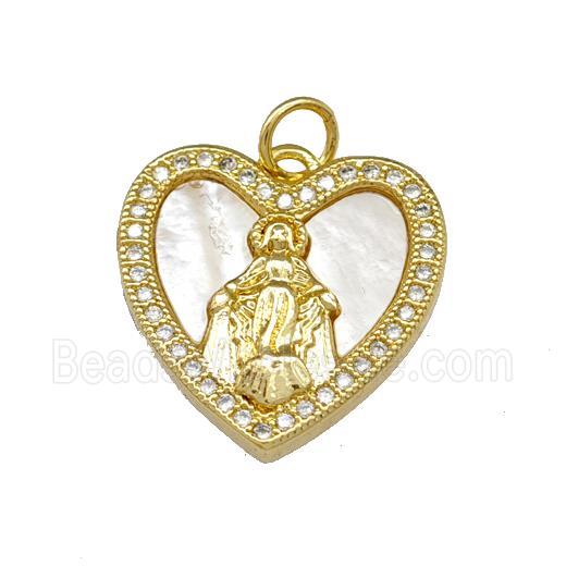 Virgin Mary Copper Heart Pendant Pave Shell Zirconia 18K Gold Plated