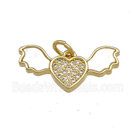 Copper Angel Wings Pendant Pave Shell Zirconia Heart 18K Gold Plated