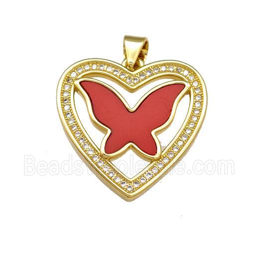 Copper Heart Pendant Pave Shell Zirconia Butterfly 18K Gold Plated
