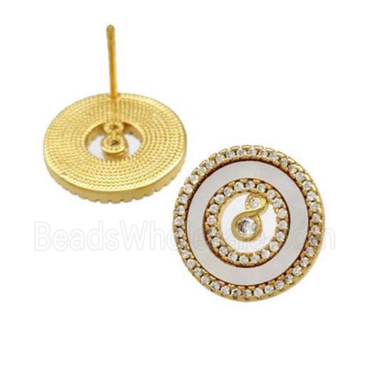 Copper Stud Earrings Pave Shell Zirconia Circle 18K Gold Plated