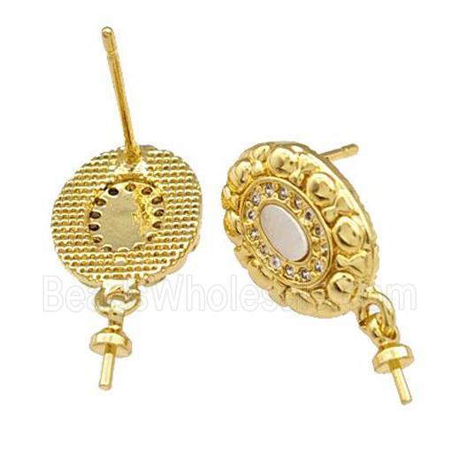Copper Stud Earrings Pave Shell Zirconia With Bail Oval 18K Gold Plated