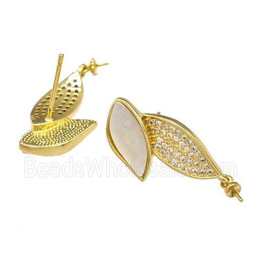 Copper Stud Earrings Pave Shell Zirconia With Bail Leaf 18K Gold Plated