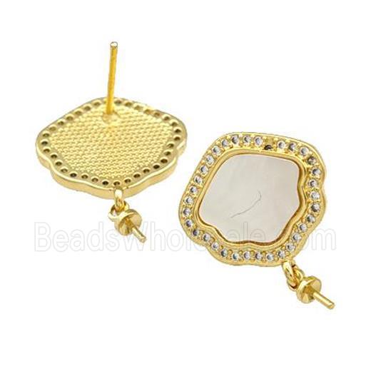 Copper Stud Earrings Pave Shell Zirconia With Bail 18K Gold Plated