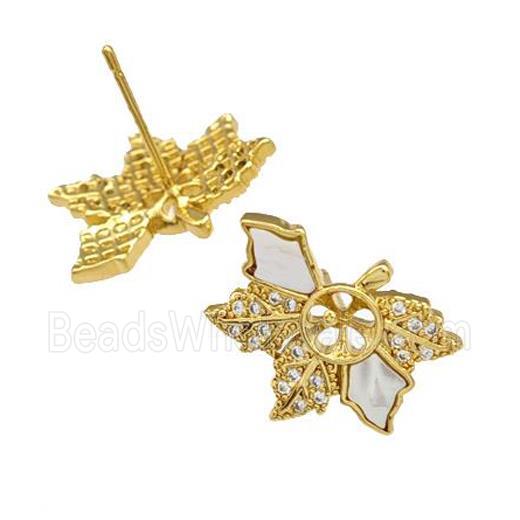 Copper Stud Earrings Pave Shell Zirconia Leaf 18K Gold Plated