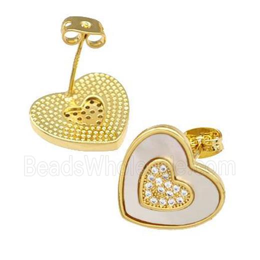 Copper Stud Earrings Pave Shell Zirconia Heart 18K Gold Plated