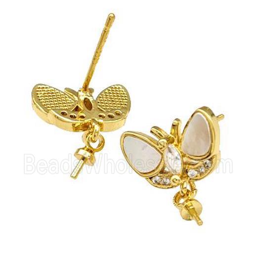 Copper Stud Earrings Pave Shell Zirconia With Bail Butterfly 18K Gold Plated