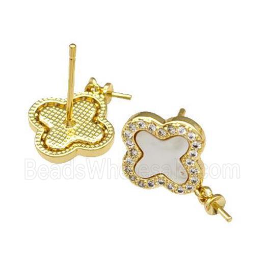 Copper Stud Earrings Pave Shell Zirconia With Bail Clover 18K Gold Plated