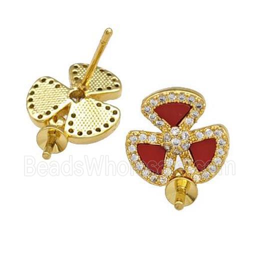 Copper Stud Earrings Pave Shell Zirconia With Bail Clover 18K Gold Plated
