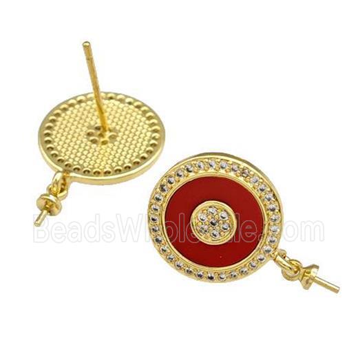 Copper Stud Earrings Pave Shell Zirconia With Bail Circle 18K Gold Plated